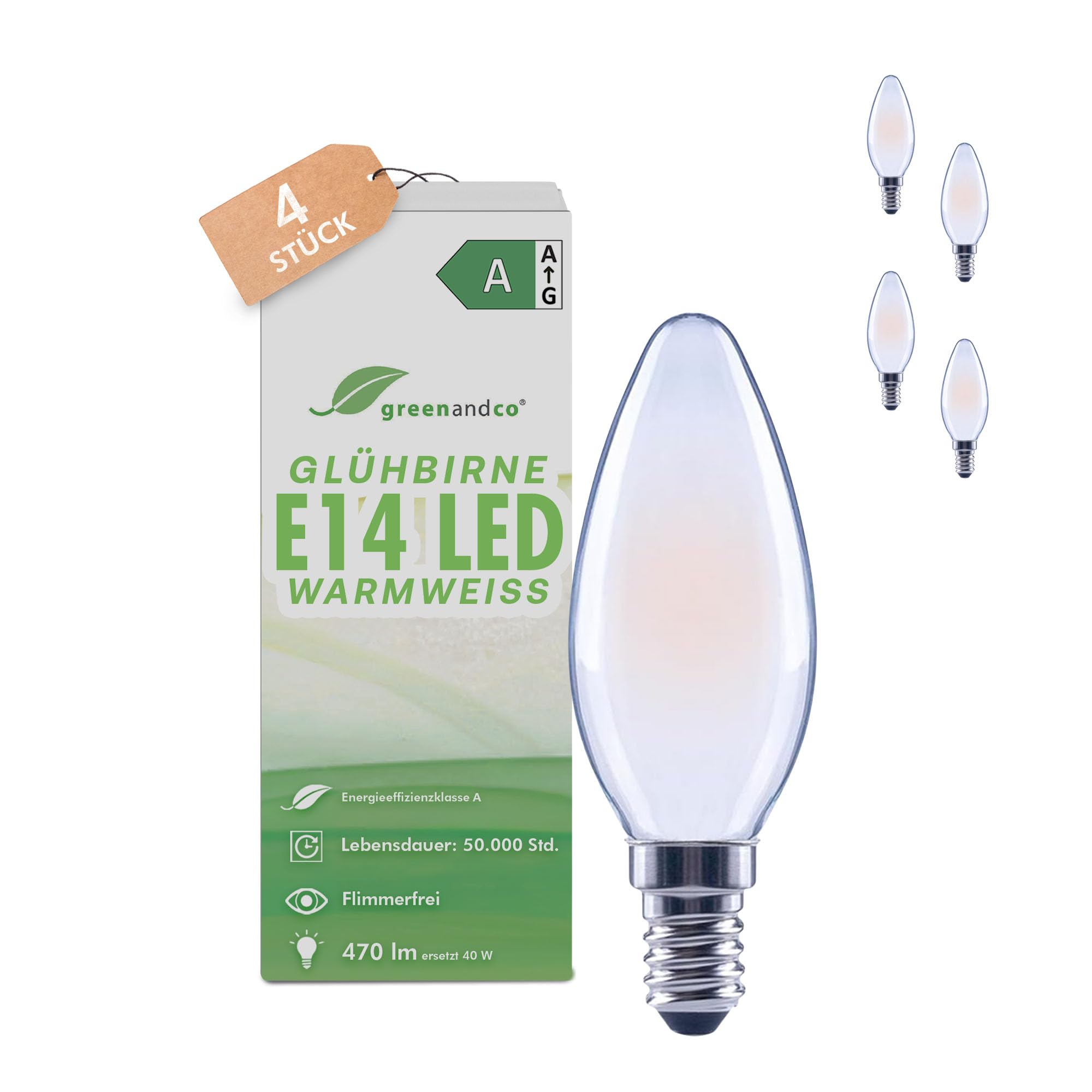 greenandco 4x Glühfaden LED Lampe | matt | E14 C35 | 2,2W 470lm | ersetzt 40W | 2700K warmweiß | 320° | 230V | flimmerfrei | Energieeffizienzklasse A | nicht dimmbar
