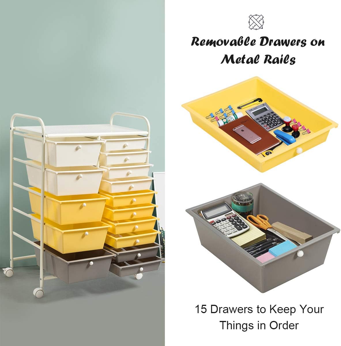 FANTASK 15 Drawers Rolling Storage Cart, Multipurpose Mobile Rolling Drawers Craft Organization w/Drawers & Wheels, Utility Storage Organizer Carts for Scrapbook Paper Supply Kids School Office Home