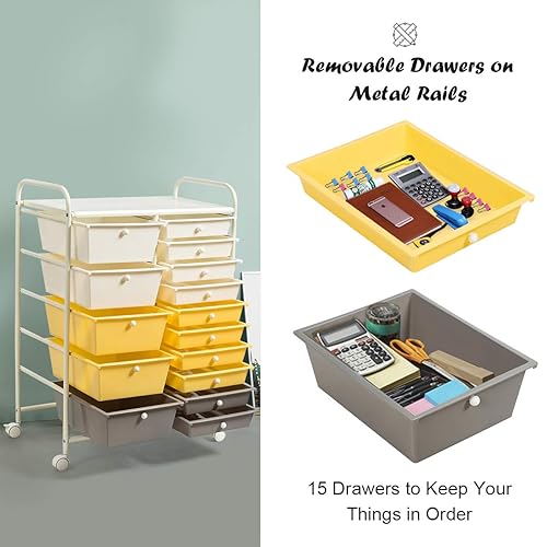 Miniatura 5 de Carrito de almacenamiento con ruedas de 15 cajones, carrito de almacenamiento multiusos para manualidades con ruedas, herramientas móviles,