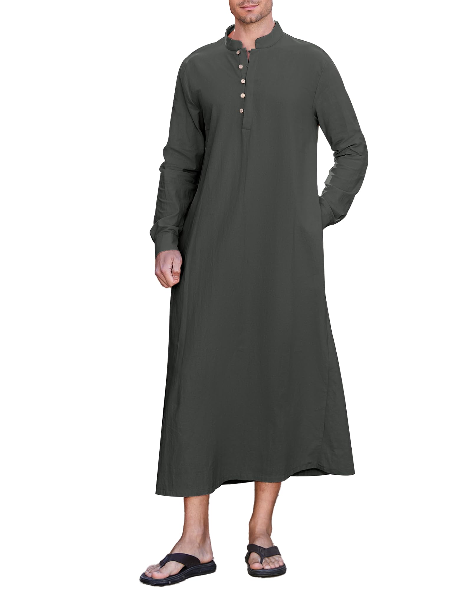 NANAMEEI Men's Linen Kaftan Thobe Long Sleeve Robe Button Down Casual Muslim Clothes With Pocket