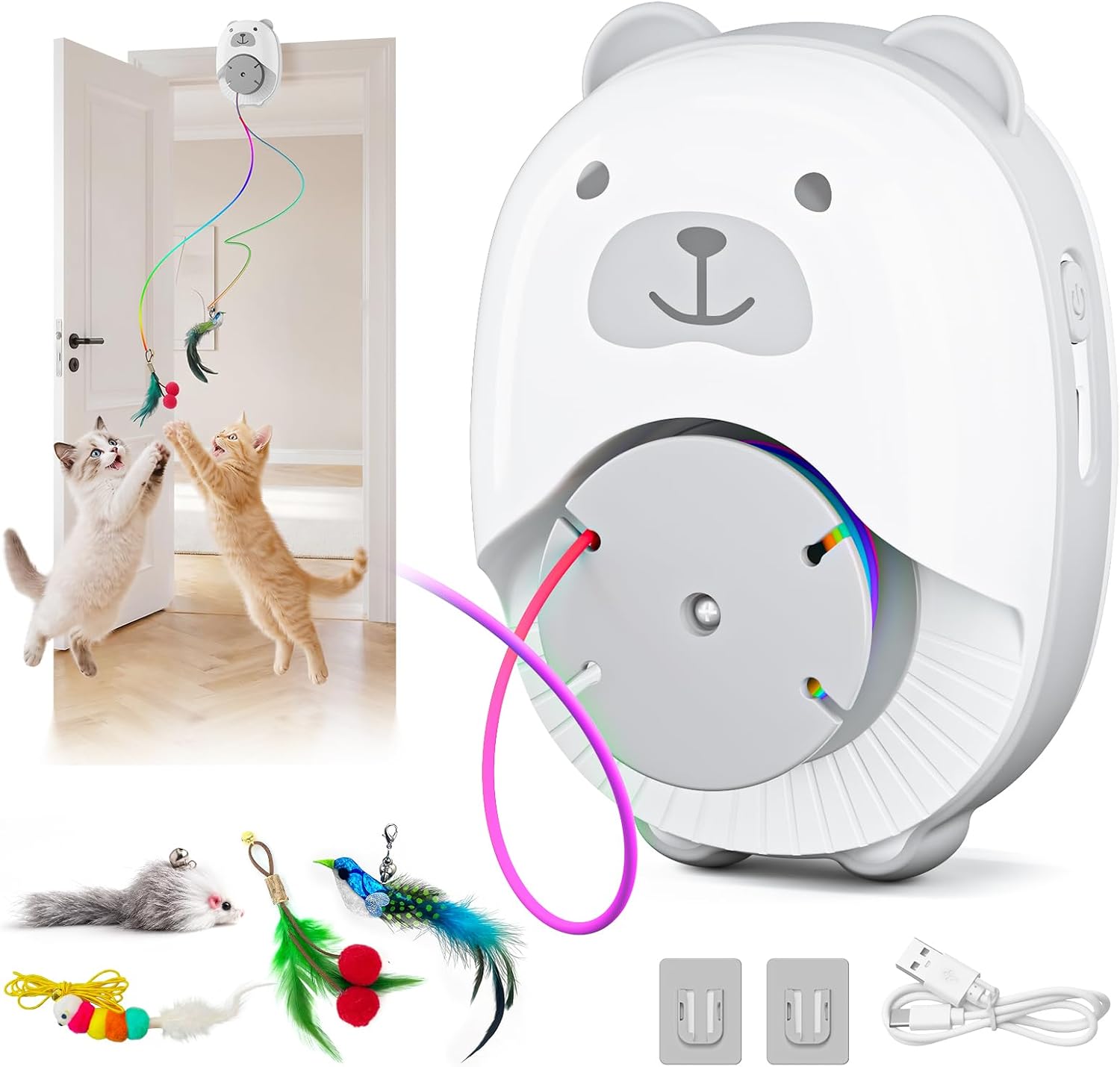 Interactive Cat Toys for Indoor Cats, Automatic Rechargeable Hanging Feather Wand with Flying Motion, 4 Packs Replaceable Accessories, Exercise Enrichment Toy for Cats, Long-Lasting USB Charging