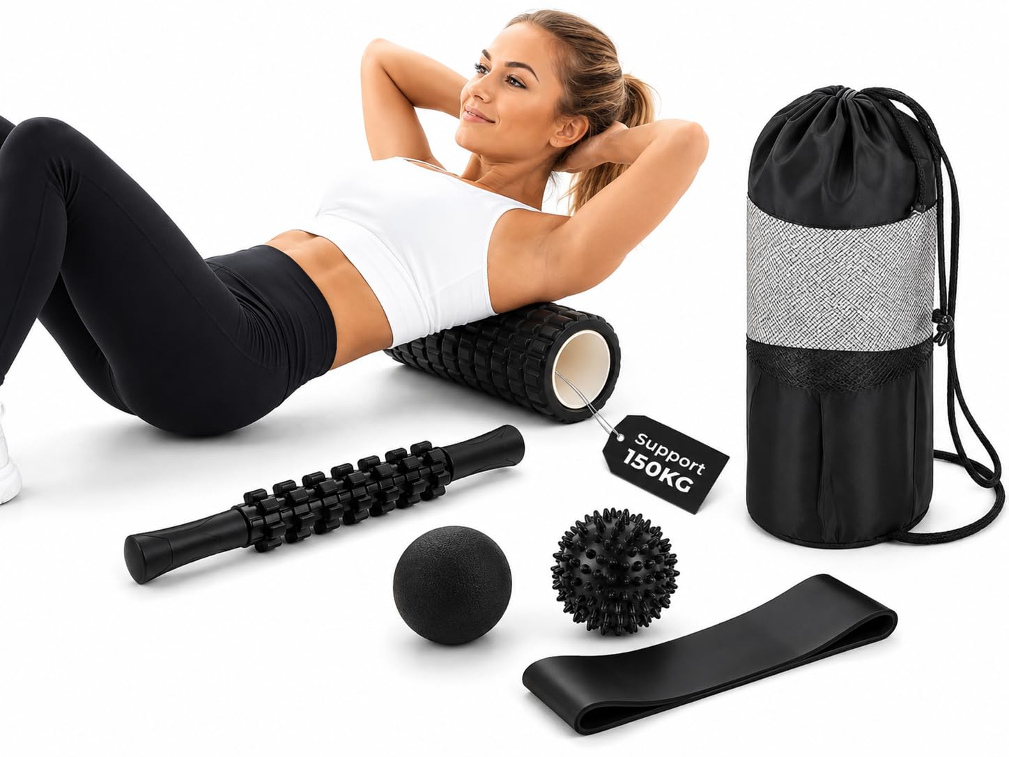 6 in 1 Trigger Point Foam Roller Set - Gym Equipment Set with Massage Ball, Yoga Stick, Stretching Strap, Spiky Ball, Carry Bag - High Density Foam Rollers for Muscles, Physical Therapy