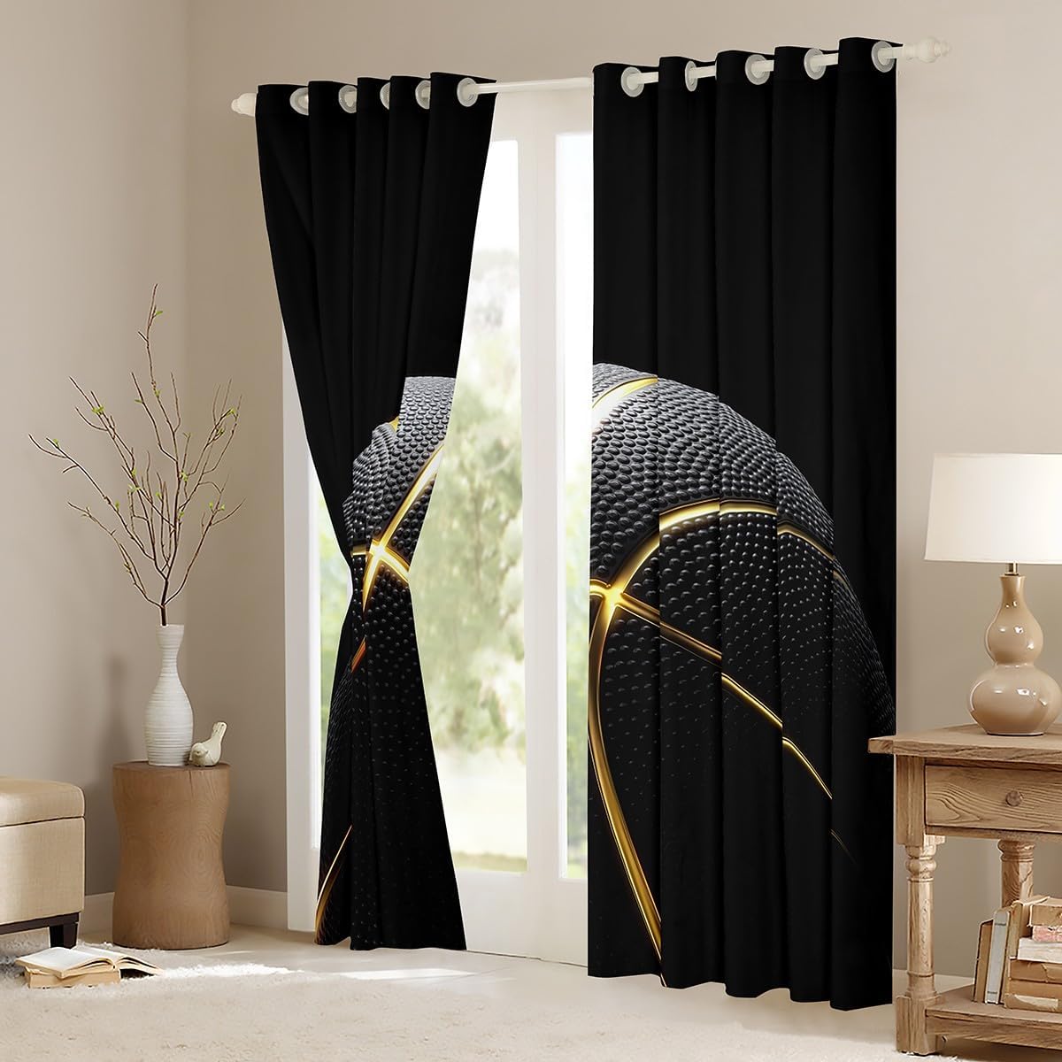 jejeloiu Basketball Window Drapes (2 Panels, 38 x 45 Inch) Kids Gaming Sports Blackout Shades Window Treatments Ball Games Curtain Gift for Basketball Lover Gold and Black Room Decor