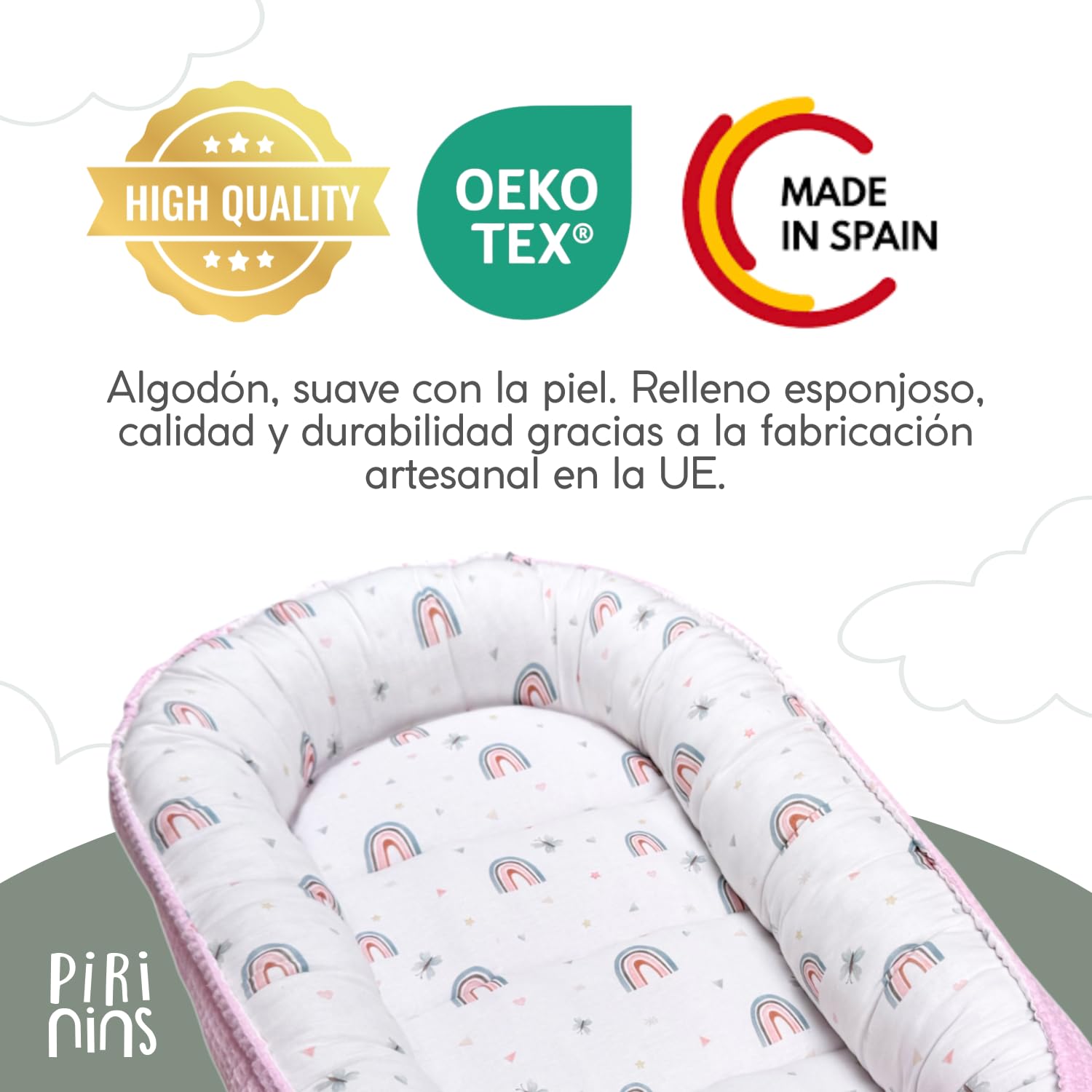Nido Blando Bebe,100% Algodon Organico,Seguridad para bebé,Reductor Cuna,Capullo de colecho, Mini Cuna Recien Nacido, Moises Envolvente, Transpirable,Ideal Viajes, Industria España (Arcoiris)