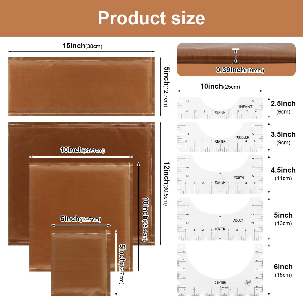 Heat Press Pillows 9 pezzi in 1 set, 4 misure Heat Pressing Transfer Pillow e 5pcs Tshirt Lineal Guide per vinile, per fai da te serigrafia Heat Press Sublimation (marrone)