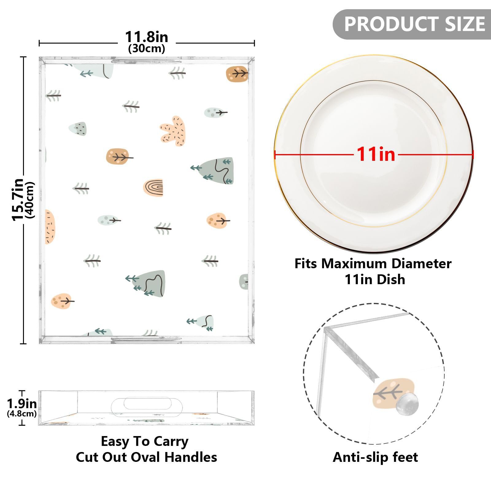 Bandeja de acrílico transparente con asas, diseño personalizado, paisaje, montañas, árboles, bandeja de acrílico transparente de 12 x 16 pulgadas, bandeja de servir de acrílico transparente