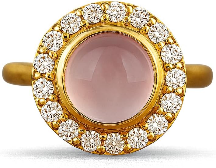 Cabochon Rose Quartz Halo Ring for Women 14K Yellow Gold Round Pink Stone Ring Vintage Halo Engagement Ring with CZ Diamonds Elegant Statement Jewelry Gift