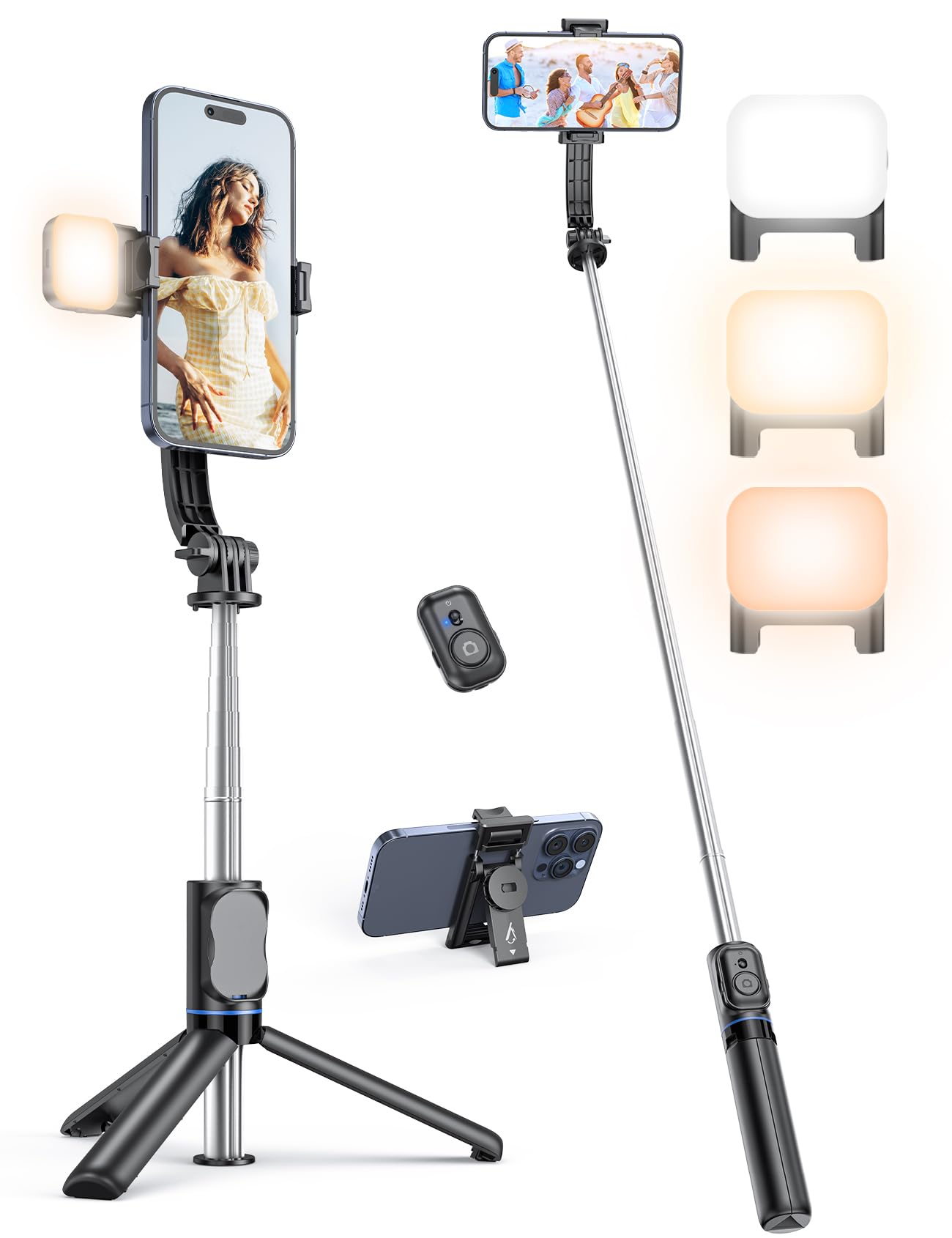 Selfie Stick mit Abnehmbarer Handyhalterung,106 cm Ausziehbares Handy Stativ mit Fernbedienung, 360° Drehbarer StativStänder für iPhone, Samsung und Android-Smartphones