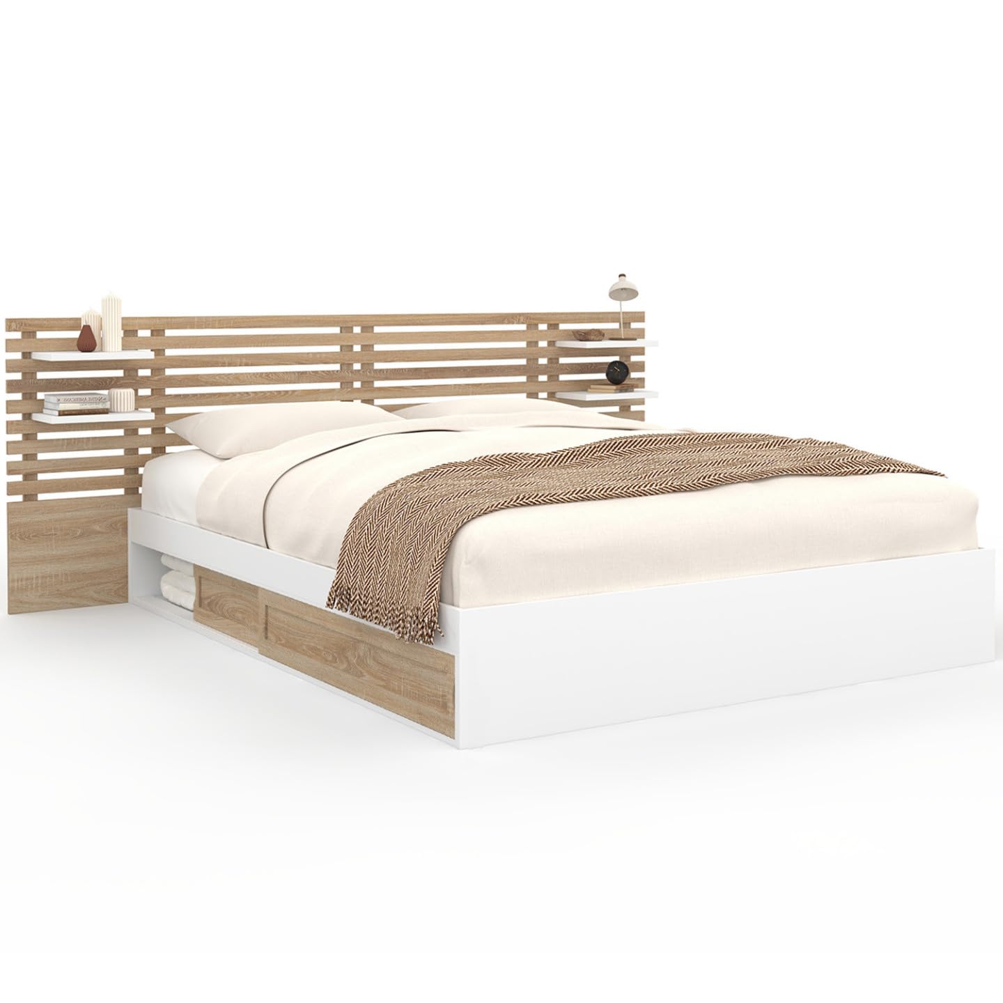 IDMarket - Lit Double Savana avec tête de lit, chevets, rangements et sommier 160 x 200 cm façon hêtre et Blanc