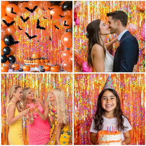 Image of 4 Packs Orange Foil Fringe Curtain, Orange Glitter Metallic Tinsel Backdrop for Birthday, Wedding, Baby Shower, Halloween, Thanksgiving, Friendsgiving, Fall Party Decorations Supplies