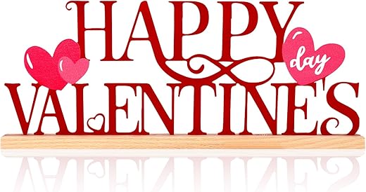 ASTNIC Metal Happy Valentine's Day Sign,Valentines Day Decorations Romantic Heart Word Valentines Day Table Decorations with Wooden Base for Home Decor Party Wedding Shelf Tabletop Centerpiece Gifts (Red, Happy Valentine's)