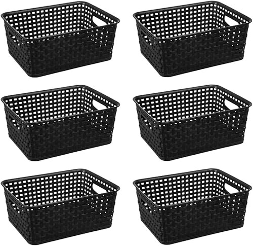 Miniatura 4 de Cestas de almacenamiento tejidas de plástico negro, paquete de 6 cestas de tejido organizador para cocina, oficina, baño