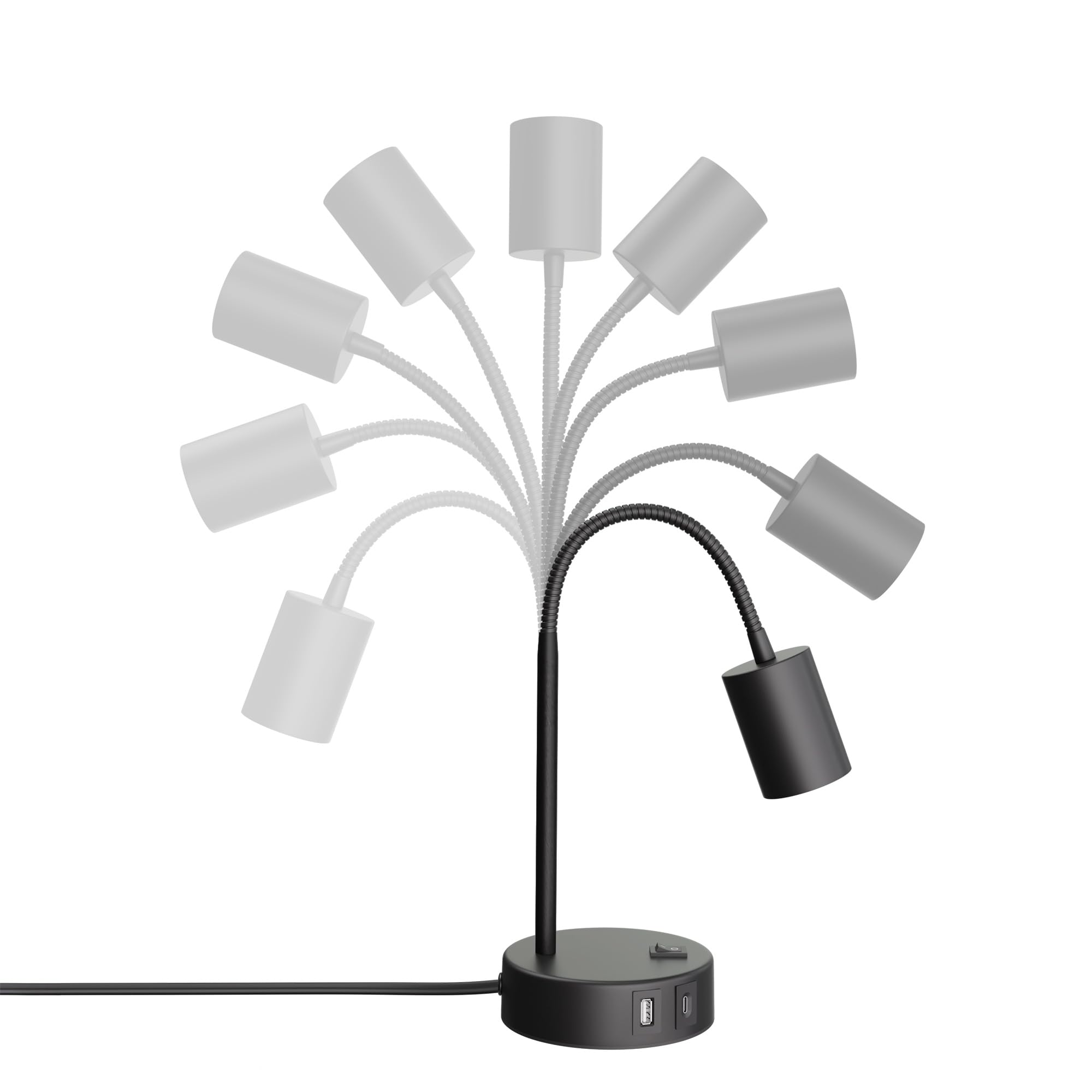 ledscom.de 2x Tischlampe WAIKA, Schwanenhals, Schalter, rund, schwarz, USB-A, USB-C, 1x GU10 max. 15W