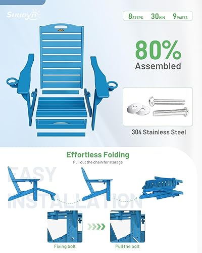 Miniatura 4 de Silla plegable Adirondack con otomana retráctil, resistente a la intemperie, silla de patio con 2 portavasos, silla de césped al aire libre (azul