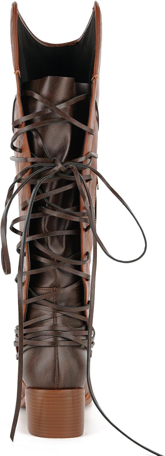 KISTANIA Women's Knee High Riding Boots Lace Up Chunky Heel Square Toe Moto Biker Boots