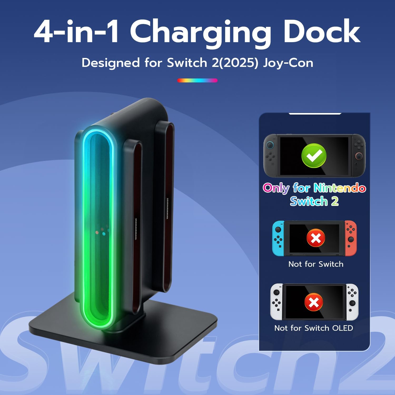 Wigearss Charging Dock for Nintendo Switch 2 Joy Con Controllers, Switch 2 Joy Con Charger with Magnetic Design, RGB Light, 4-in-1 Fast Charging Station with LED Indicators & Overcharge Protection - Image 2
