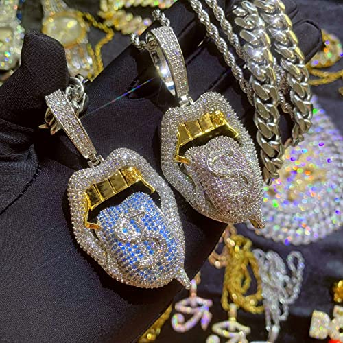 Icediamond Big Crazy Dollar Blazing Tongue Creative Pendant Necklace, Iced Out Bright Blue-Purple Cz Lab Diamond With White Gold Plated Hip Hop Charm Jewelry For Men (Blue) #TOP4