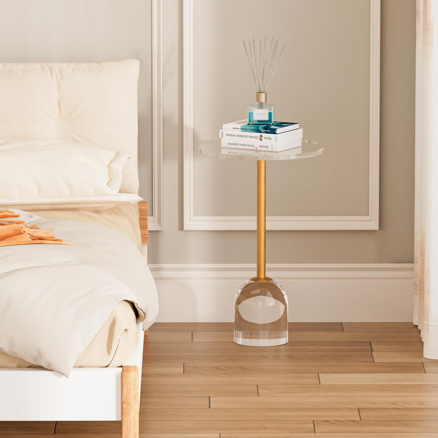 13.8" x 13.8" x 22.1" High Acrylic Side Table, Acrylic End Table, Clear Round Side Table with Brass-Colored Metal Support Rod, Modern Drink Table/Nightstand for Office/Living Room/Bedroom