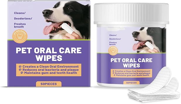 Dog & Cat Dental Finger Wipes, 50 Counts Moisture-Sealed Canister, Helps Freshen Breath & Reduce Plaque, Alcohol-Free with Panthenol, Gentle for Sensitive Gums, No Brushing Needed