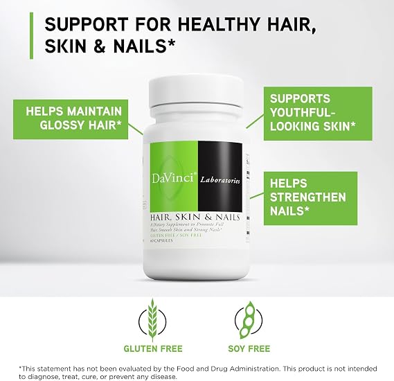 DAVINCI Labs Hair, Skin & Nails - Dietary Supplement to Support Smooth, Healthy Skin, Strong Nails and Hair Health* with Vitamin C and D3, Minerals, Biotin, Zinc and More - Gluten-Free - 60 Capsules