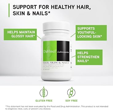 DAVINCI Labs Hair, Skin & Nails - Dietary Supplement to Support Smooth, Healthy Skin, Strong Nails and Hair Health* with Vitamin C and D3, Minerals, Biotin, Zinc and More - Gluten-Free - 60 Capsules