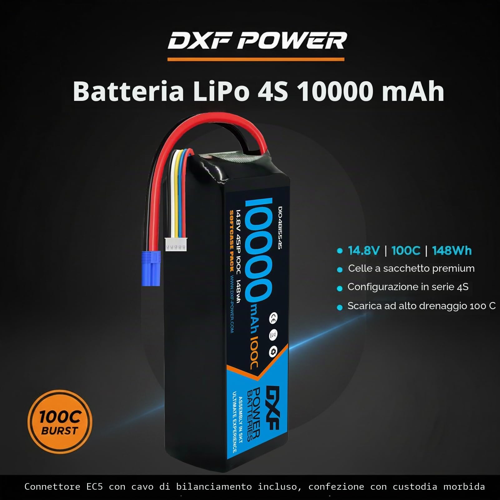 DXF 1 confezioni 4S Lipo Batteria 10000mAh 14.8V 100C Custodia morbida RC Batteria EC5 Connettore con piastre metalliche per RC Auto Camion Carro Armato Modelli da corsa