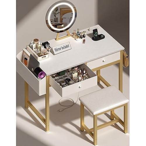 Makeup Vanity Desk with Mirror and Lights - Girls White and Gold Vanity Table Set with Chair, Fabric Drawers, Power Outlet, Small Modern Make Up Dressing Table for Bedroom