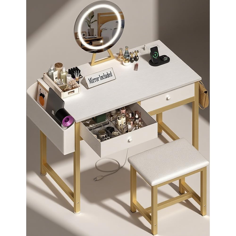 Makeup Vanity Desk with Mirror and Lights - Girls White and Gold Vanity Table Set with Chair, Fabric Drawers, Power Outlet, Small Modern Make Up Dressing Table for Bedroom