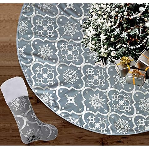 122cm Weihnachtsbaum Decke,Tannenbaum Decke mit weihnachtsstrumpf,Weihnachtsbaum Rock mit Schneeflockenmuster Christbaumdecke für Weihnachten, Urlaub, Party (Grau) Cover