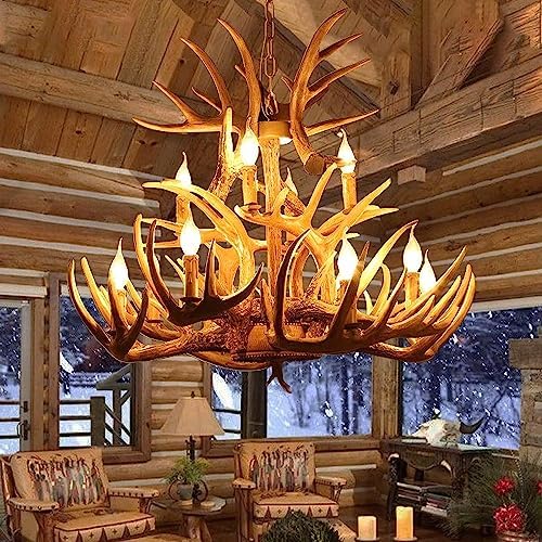 Deer Antler Chandelier 12 Lights, YCGU Vintage Style Rural Countryside Resin Antler Chandelier for Home,Bar,Cafe, Store, Retro Deer Horn Light
