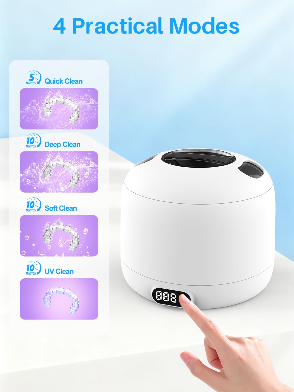 Voraiya Nettoyeur Ultrasons Dentaire IPX7 Etanche Ultrasonic Cleaner Base & Dental Pod Amovible Nettoyant Ultrason avec 2 UV Lampes pour Prothèses Dentaires, Gouttière Dentaire, Retainer, Bijoux