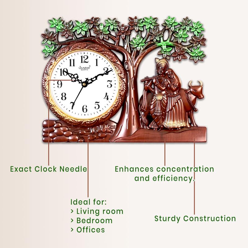Image of Radhe Krishna Wall Clock - Spiritual Analog Clock with Cows Under Tree | Decorative Clock for Home, Temple, and Gift | 5111 Mini Design in Plastic & Glass | with Surprise Gift