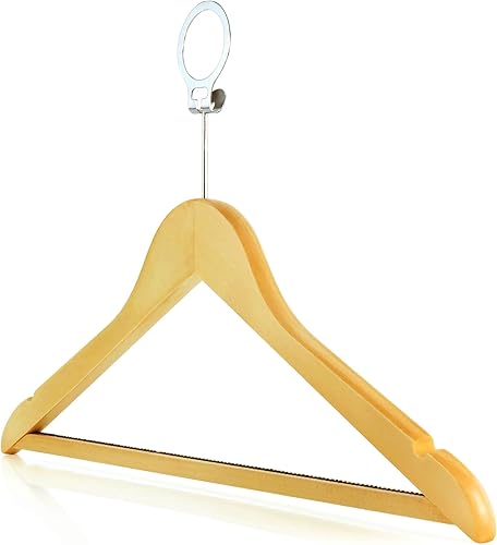 HANGERWORLD Perchas de ropa de seguridad de madera natural estilo hotel, paquete de 10, cerradura de anillo antirrobo de metal