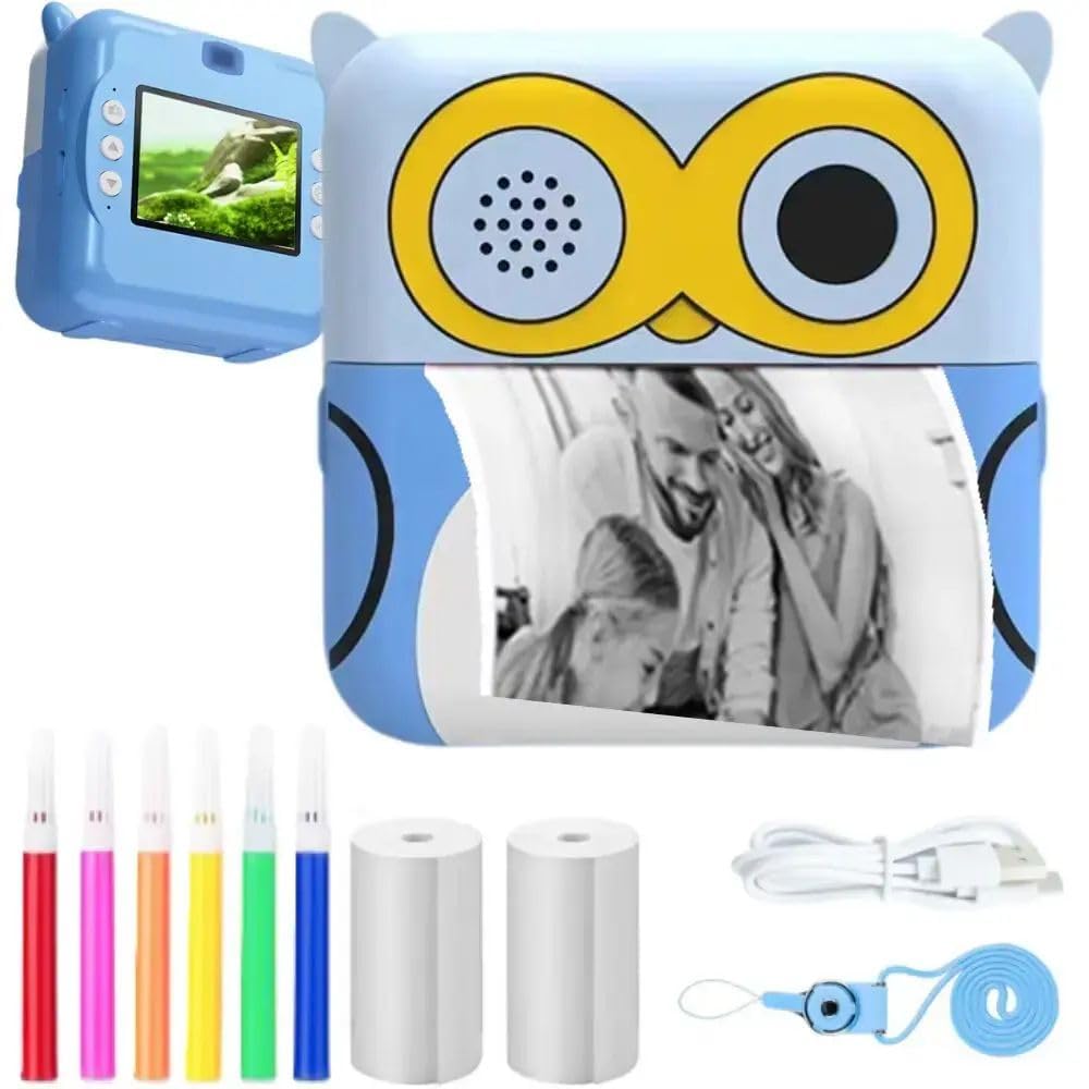 RUZARTH Kids Instant Print Camera – Dual Lens HD Toy Camera with 2.0" Screen, Auto Focus, Selfie Mode, 1080P Video, Fun Filters & DIY Coloring Set | Gift for Boys & Girls (Simple Eyes, Pink) (Blue)