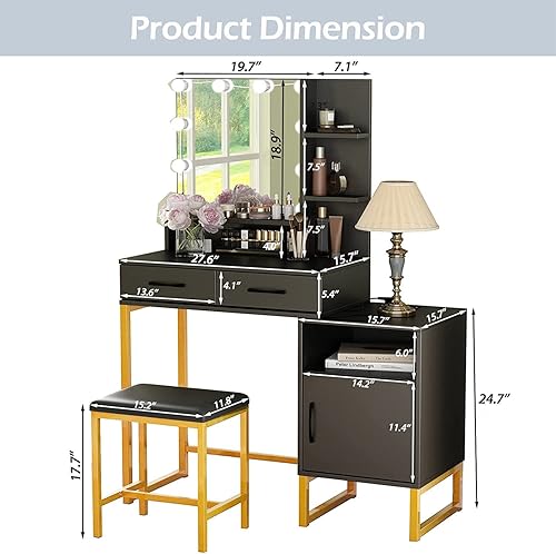 Miniatura 6 de Fameill Escritorio de tocador de maquillaje con espejo iluminado y estación de carga mesa de tocador blanca con cajón 10 luces LED tocador para