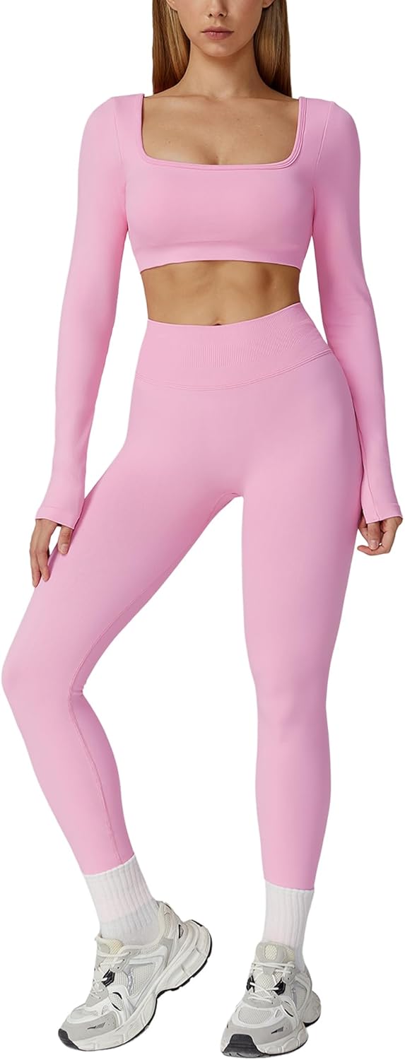 2 Piece Workout Sets for Women Long Sleeve Backless Crop Top and Butt-lifting Leggings Jogger Athletic Gym Outfits