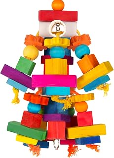 Kyouki Large Parrot Chew Toy for Macaws, Cockatoos, African Greys, Conures - Multicolored Natural Wood Blocks & Beads Foraging Cage Toy