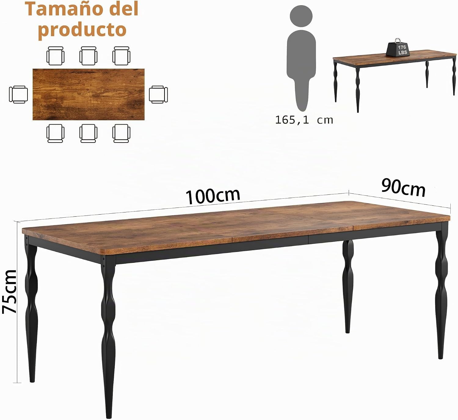 Zstar Mesa De Comedor Industrial para 6 Personas, Mesa Larga De Madera con Diseño De Mortaja y Espiga, Mesa De Cocina con Patas De Metal Resistentes, para Comedor, Oficina, Sala De Estar.