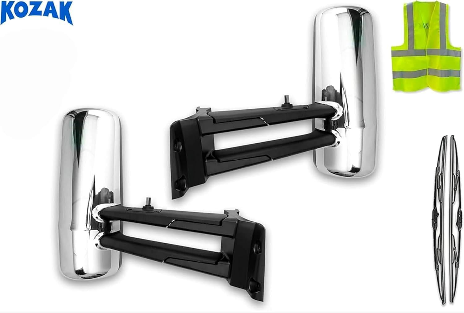 KOZAK Chrome Finish Door Mirrors With Arms (Right Passenger and Left Driver Pair) Compatible with Kenworth T680 2022+ New Gen - Set of 2 PLUS 2x 22" Wipers, Logo and KOZAK Vest