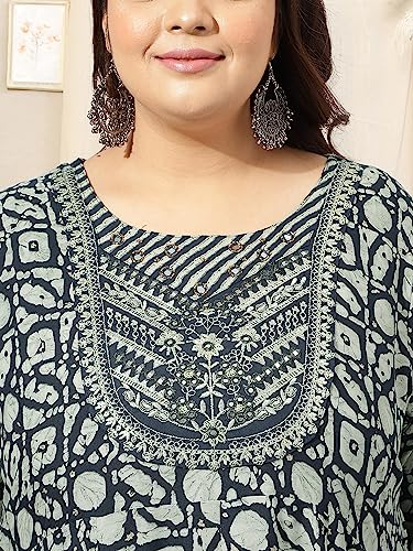 Image of MIRCHI FASHION Women's Plus Size Anarkali Rayon Ebroidery Work Kurti Only (MPK9451 - Navy Blue, Grey - 6XL)