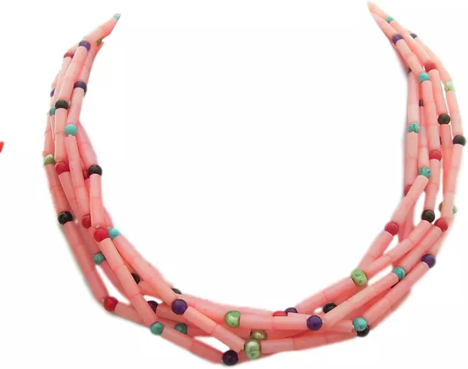 6 Strands Pearl Pink Coral Turquoise Jade NecklaceTorsade Necklace Lady Jewelry