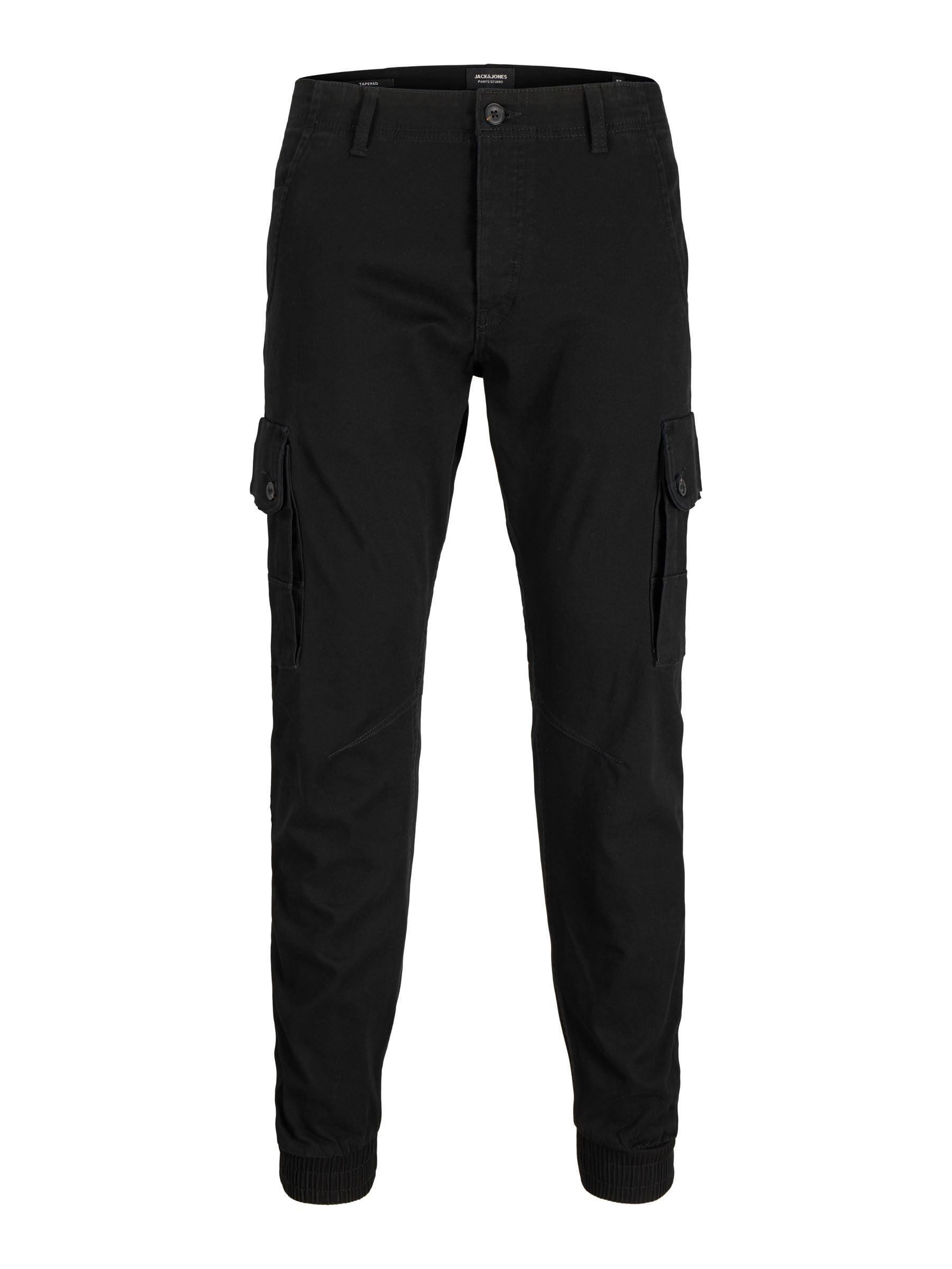 JACK & JONES Mens Cuffed Cargo Black Trousers Combat Work Smart Casual Pants (W32/L30)