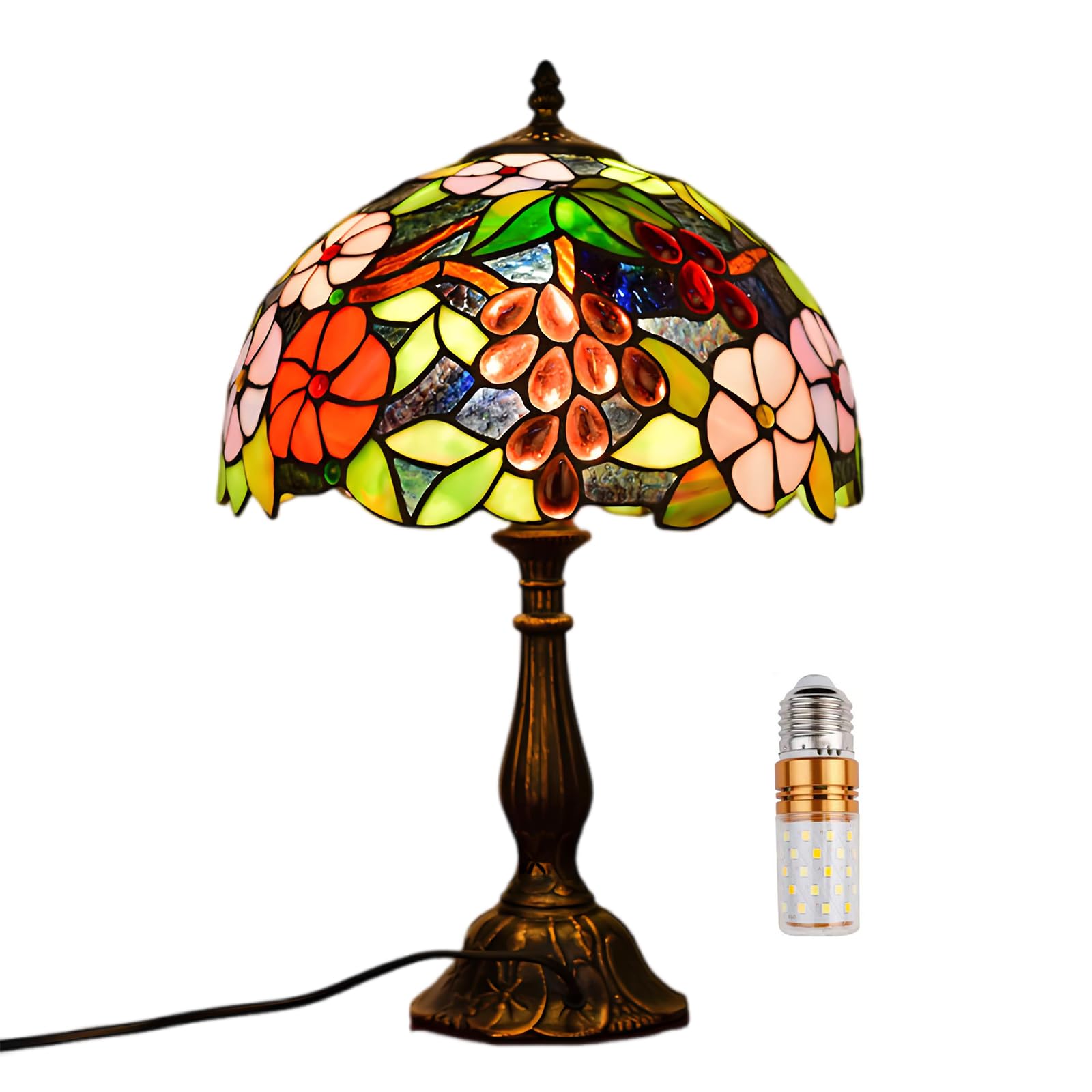 Lámpara de mesa estilo Tiffany de 12 pulgadas, lámpara de vidrieras, pantallas de lámpara de noche, lámpara de lectura, escritorio antiguo, sala de estar, dormitorio, oficina, esti(Color:D-4)