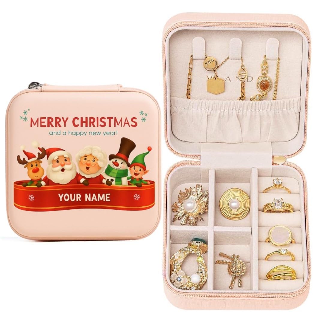 Personalised Jewellery Organizer Box for Girls | Custom Name Travel Jewellery Case for Earrings, Rings and Necklaces | Mini Jewelry Storage Gift (Merry Christmas)