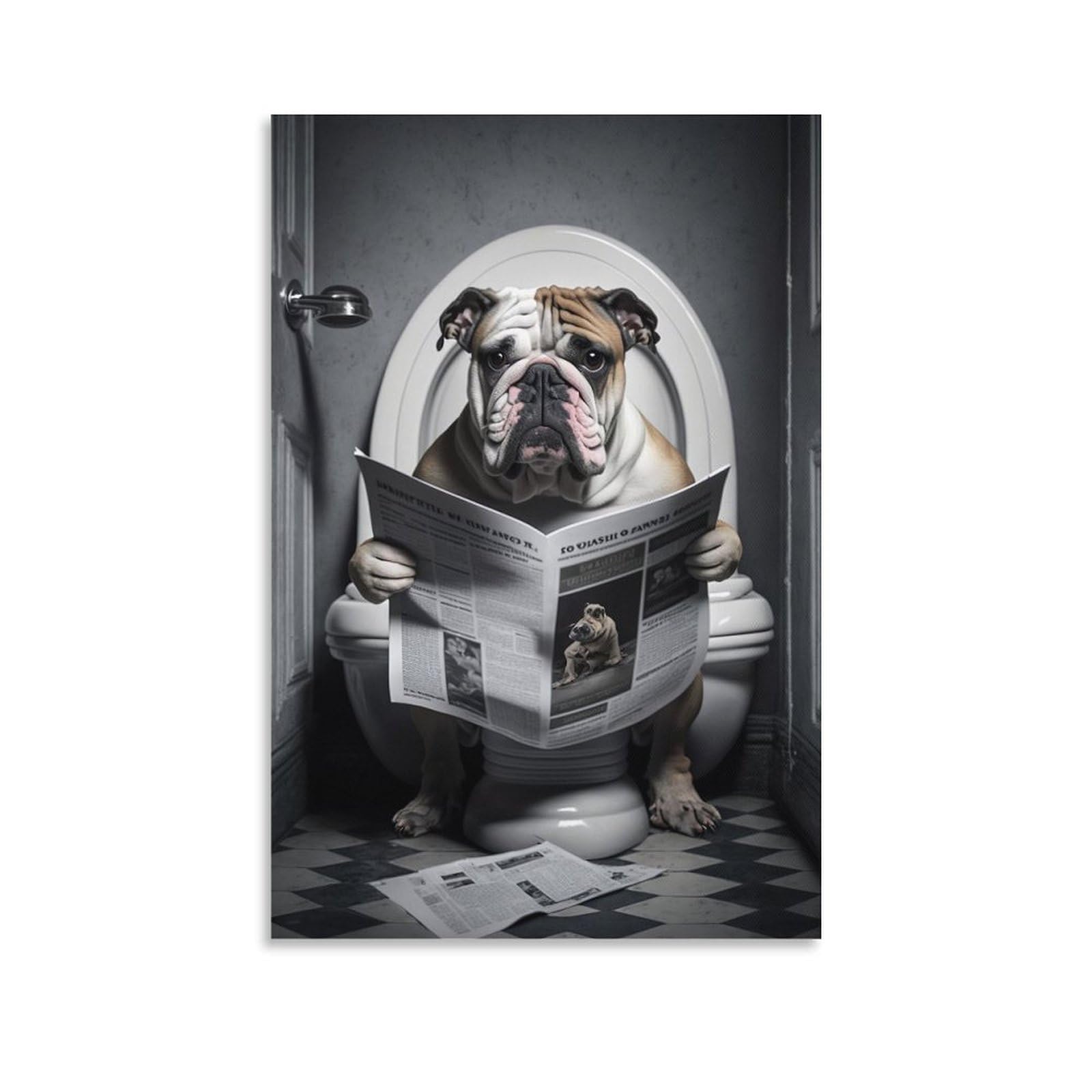 Fupmtklt Unframe-Style Bulldog Sitting On The Toilet Reading A Newspaper Poster Funny Bathroom Wall Art Funny Dog Animal Poster Posters For Toilet Canvas Poster Bedroom Decor Landscape Office Room Decor Gift 08X12inch(20X30