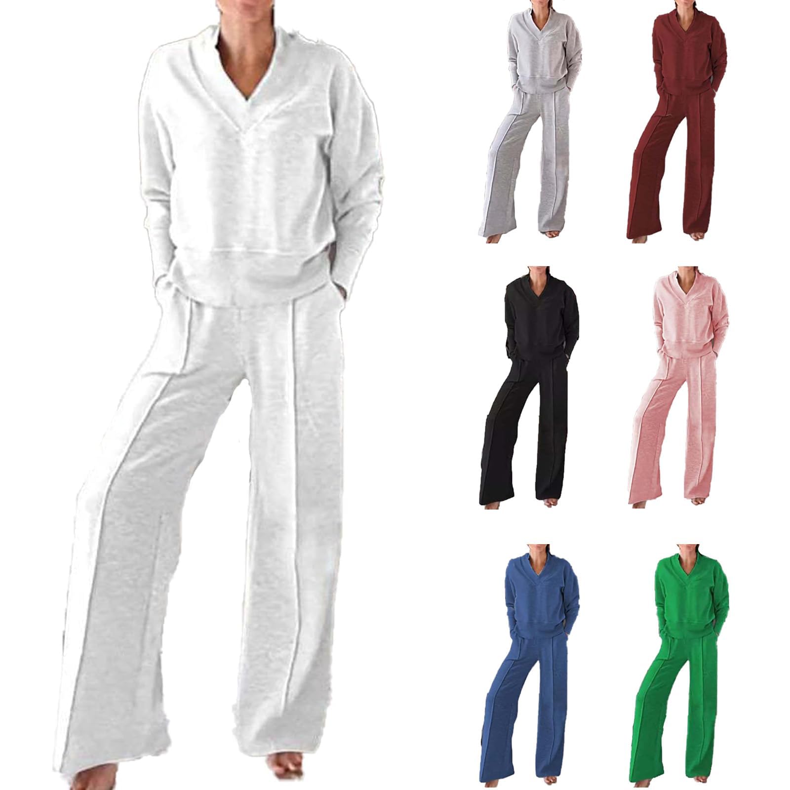 Conjunto de Dos Piezas de Top y pantalón con Escote en V de Color Liso para Mujer, Conjuntos Casuales de Mujer con Pantalones Largos de Pierna Ancha, Conjunto de salón de otoño (S,White)