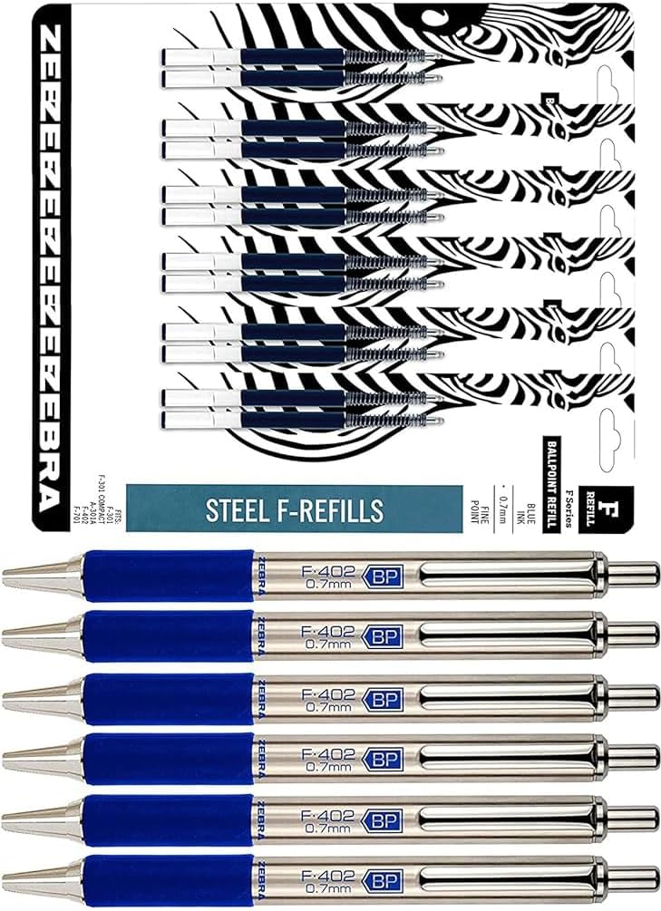 Zebra F-402 Ballpoint Stainless Steel Retractable Pens With Refills, Fine Point, 0.7mm, Blue Ink, 12-Count Bundle with Plastic Reusable Pouch