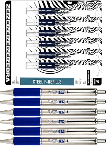 Zebra F-402 - Bolígrafos retráctiles de acero inoxidable con recambios, punta fina, 0.028 in, tinta azul, paquete de 12 unidades con bolsa de