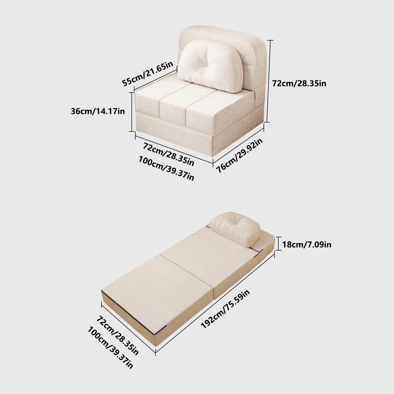 Sofa składana Rozkładana sofa z funkcją spania, którą można przekształcić w fotel do, podłogę i poduszkę, nadaje się łóżek gościnnych(Grijs,100cm)