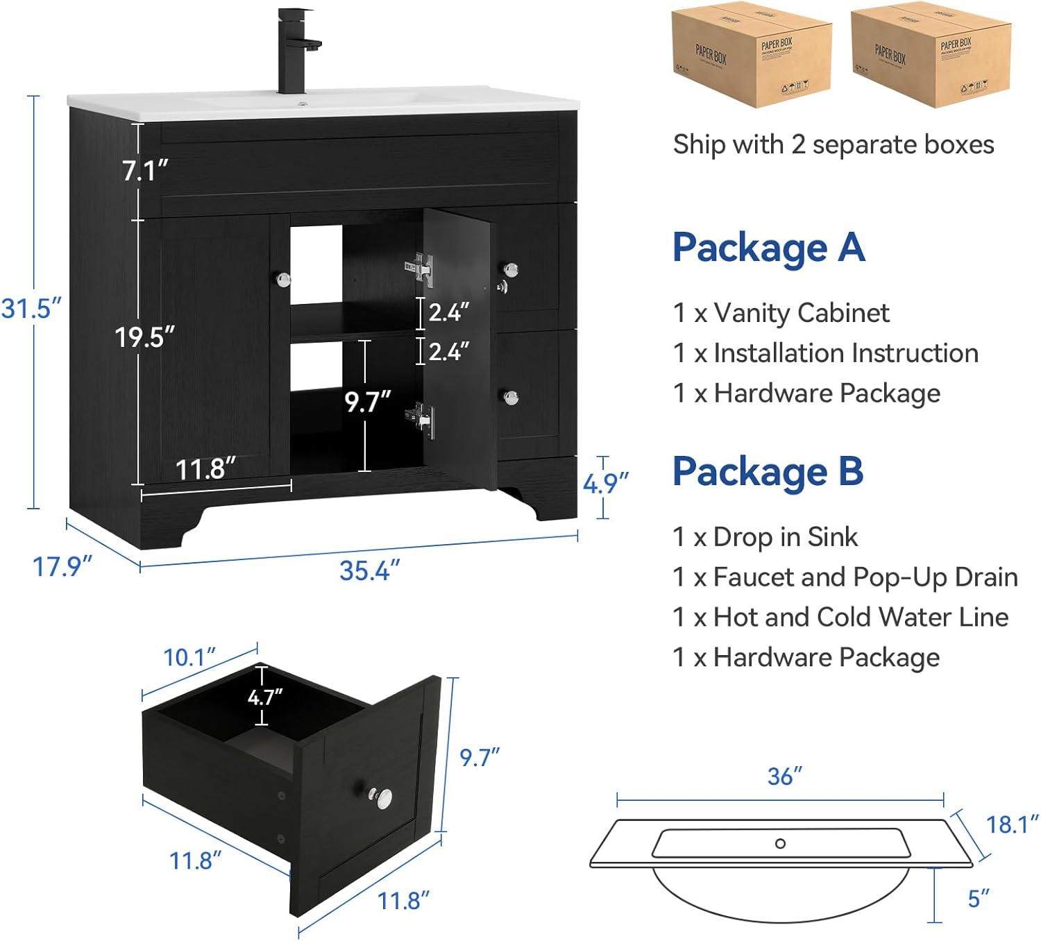 YOURLITE 36" Bathroom Vanity with Sink Combo, Modern Bathroom Storage Vanities Set with 2 Drawers and 1 Soft Closing Door, Ceramic Undermount Sink, Faucet & Pop Up Drain Set, Black